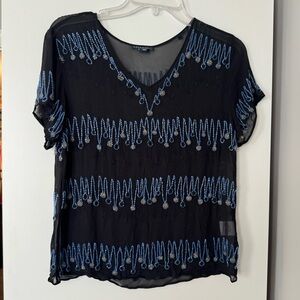 Gryphon Black Sheer Top with Blue Beaded Embroidery
